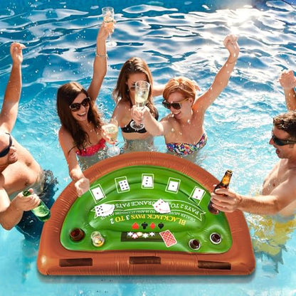 Cunhill Floating Game Table for Pool, 60" x 40" Inflatable Blackjack Game Table Raft with 4 Cup Holders Floating Tray for Adults Swimming Pool Outdoor Summer Beach Party