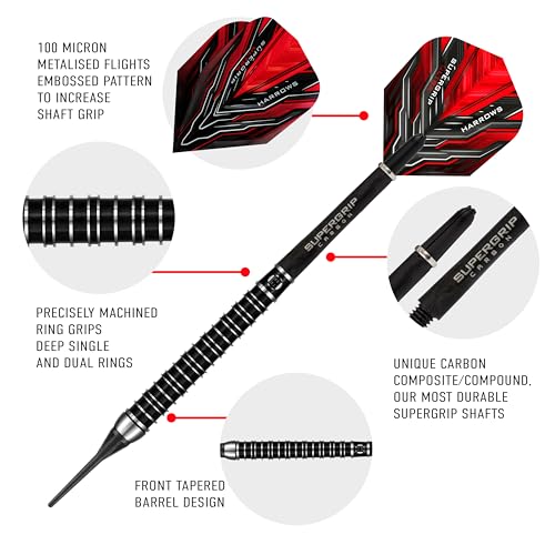 Harrows SUPERGRIP Ultra 90% Tungsten Soft Tip Darts Set. Available in 18g, 21g, 22g - Includes Supergrip Carbon Shafts, Supergrip Flights & Travel Case