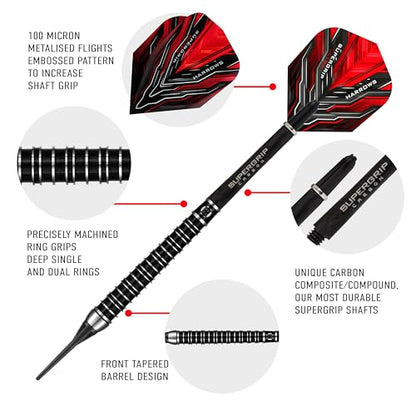 Harrows SUPERGRIP Ultra 90% Tungsten Soft Tip Darts Set. Available in 18g, 21g, 22g - Includes Supergrip Carbon Shafts, Supergrip Flights & Travel Case
