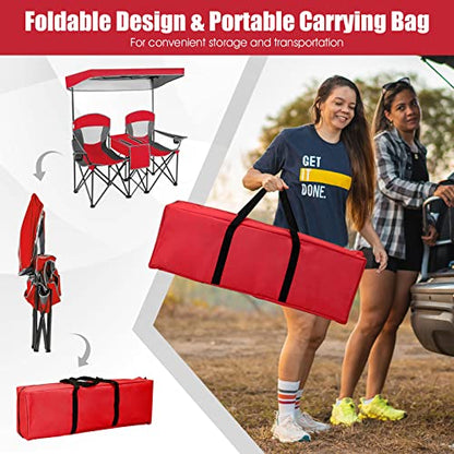 S AFSTAR Double Camping Chair w/Shade Canopy, 2-Person Folding Camp and Beach Chair with Mini Table Beverage Cup Holder Carrying Bag, Collapsible Camping Chairs for Garden Patio Pool Beach - color: Red