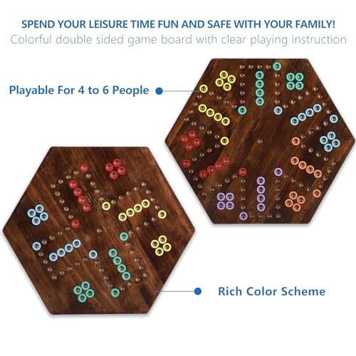 Large Size 20 inches Wood Wahoo Marble Board Game 2 Sided Game 4-6 Player for Friends and Family Party, Classic Wahoo Style Strategy Racing Game with 6 Dices,30 Marbles (Rustic Brown) - color: Large, Rustic Brown