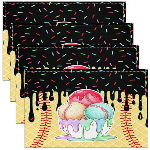 Castle Fairy Ice Cream Drips Kids Placemats Set of 4,Waffle Cake Biscuit Dessert Macaron Table Place Mats,Baseball Ball Sport Game Kitchen Decor,Yellow Black Placemat Kitchen Table Decoration 12"x18" - color: Yellow Black