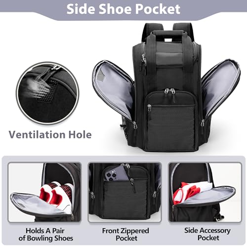 DSLEAF Bowling Ball Backpack With Side Shoe Pocket for US Mens 16, Large Capacity Bag for 1 Ball and Shoes