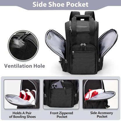 DSLEAF Bowling Ball Backpack With Side Shoe Pocket for US Mens 16, Large Capacity Bag for 1 Ball and Shoes