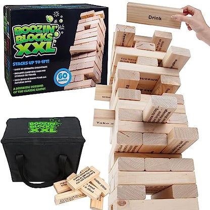 Extra Large Stack Tower Drinking Game w Carrying Case - Stack up to 5 Ft Tall- 60pcs Giant Wooden Blocks w Drinking Commands (21+ Only) - Fun Party Game for College & Adults