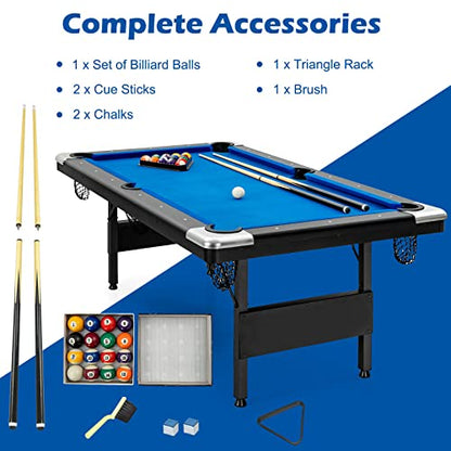 GYMAX Pool Table, 6FT Foldable Billiard Table with Complete Set of Balls, 2 Cue Sticks, Chalk & Felt Brush, Portable Indoor/Outdoor Pool Table for Adults Kids Family Game