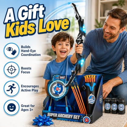 VROGTIK Kids Bow and Arrow Set, LED Light Up Archery Toy with Standing Target, 10 Suction Cup Arrows & Quiver, Indoor Outdoor Backyard Games, Birthday Gifts for Boys Girls Ages 3-12 - color: Blue