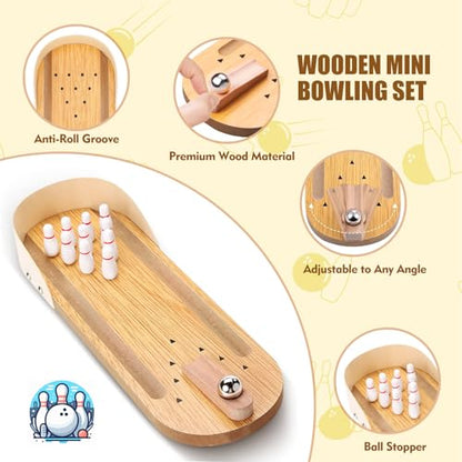 Mini Bowling Game Set, Wooden Tabletop Board Game | Portable Tabletop Play Kit, Stress Relief Desktop Toy, All-Ages Gift, White Elephant Present For Office Gatherings