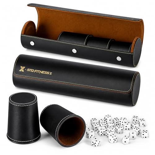 Leather Dice Cup Set, 5 Black Dice Cups + 25 Dices + Exclusive Storage and Transport Case Made of Faux Leather (Black x2) - color: 2 Pack Black