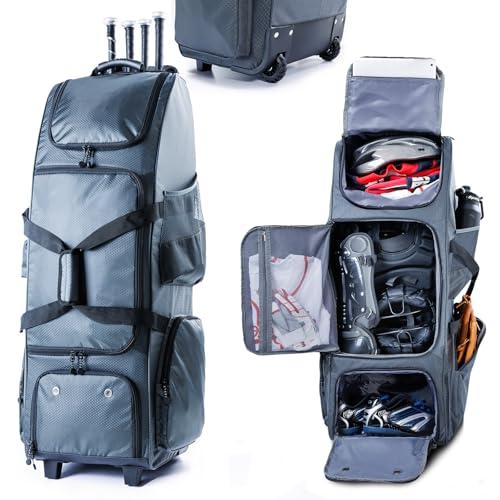 Rolling Baseball Bag With Wheels, Seperate Shoe Compartment and Fence Hook - Large Softball Bag for T-Ball - Team Equipment Duffle Bag - Catcher Gear Bag for Boys 8-12, Youth, Adults - color: Grey