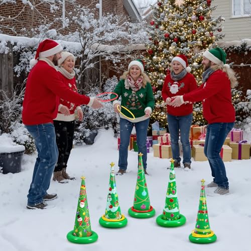 Capoda 16 Pcs Christmas Ring Toss Set, Inflatable Scoring Cones (10-50 Points) with 12 Toss Rings & Air Pump, Indoor Outdoor Holiday Party for, Family, Office, Backyard, Garden
