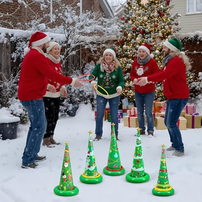 Capoda 16 Pcs Christmas Ring Toss Set, Inflatable Scoring Cones (10-50 Points) with 12 Toss Rings & Air Pump, Indoor Outdoor Holiday Party for, Family, Office, Backyard, Garden