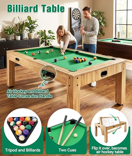 7FT 4-in-1 Multi Game Table, Combo Game Table with Billiards, Air Hockey, Ping Pong & Dining Table, Wood Game Room Table with All Accessories for Home, Family, Adults & Kids