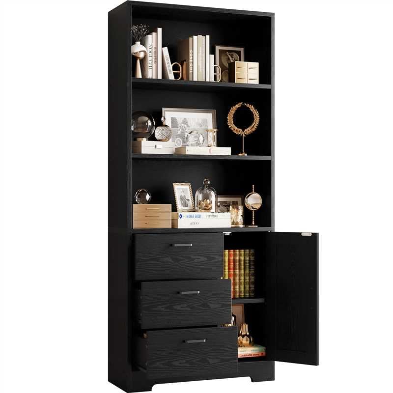 IRONCK Bookshelf with Doors and 3 Drawers 71 in Tall Bookcase with 3-Tier Shelves, Industrial Book Shelf with Storage for Living Room Entrance Hallway Home Office, Black - color: Black