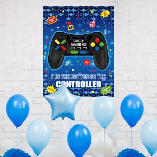 Faccito Pin The Button on The Video Game Birthday Games Set Video Game Poster with 24 Button Stickers 2 Games Controller Blindfolds for Birthday Party Wall Home Room Decorations Activities Supplies - style: Video