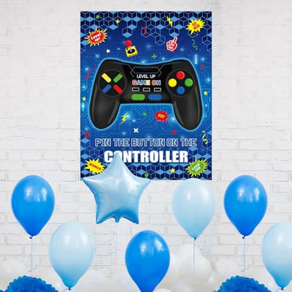 Faccito Pin The Button on The Video Game Birthday Games Set Video Game Poster with 24 Button Stickers 2 Games Controller Blindfolds for Birthday Party Wall Home Room Decorations Activities Supplies - style: Video