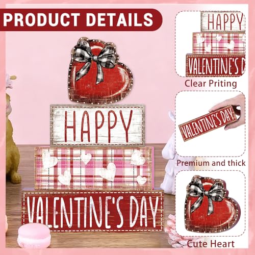 DIYDEC 4Pcs Valentine's Day Table Decoration Valentine Heart Wooden Block Signs Rustic Valentines Tiered Tray Decor Happy Valentine's Day Centerpiece Sign for Farmhouse Holiday Tabletop Party Decor - style: Valentine Heart