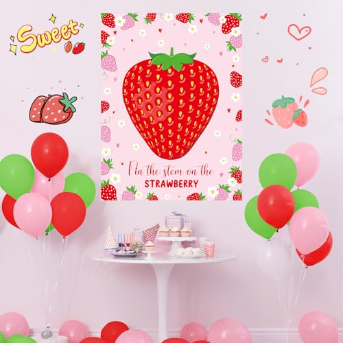 Faccito Strawberry Game Set Pin The Stem On The Strawberry Include Large Poster Blindfold 24 Stickers Berry First Birthday Party Games for Sweet Berry Birthday Party Decorations Activities Supplies - style: Strawberry