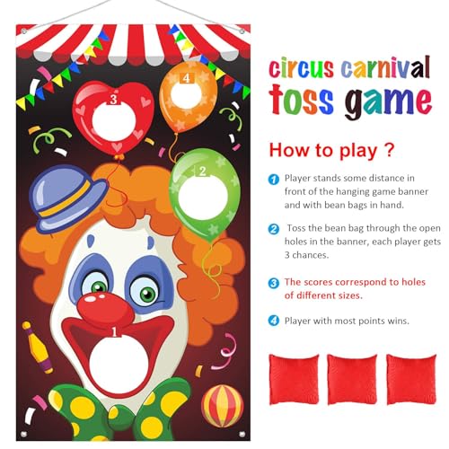 Blulu Carnival Toss Games Banner with 3 Bean Bags Halloween Carnival Game for Kids and Adults Circus Theme Party Decorations for Birthday Family Fun Throwing Indoor Outdoor - style: Clown