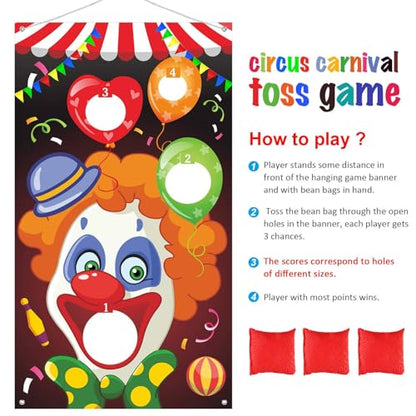 Blulu Carnival Toss Games Banner with 3 Bean Bags Halloween Carnival Game for Kids and Adults Circus Theme Party Decorations for Birthday Family Fun Throwing Indoor Outdoor - style: Clown