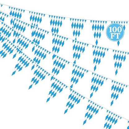100 FT Oktoberfest Party Decorations, 3 Pack Pre-assemble Pennant Banner Flags, Plastic Blue and White Checkered Hanging Oktoberfest Decor German Bavarian Beer Festival Indoor Outdoor Party Supplies - style: Oktoberfest