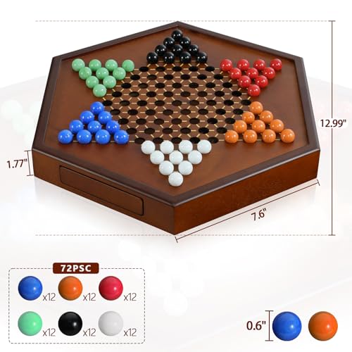 Chinese Checkers 15" x 13" Large Wooden Checkers Board Game Includes 16mm 60+12 Colorful Glass Marbles,Classic Strategy Family Board Game for Adult,Walnut