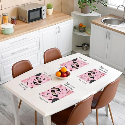 Erosebridal High Heel Placemats Set of 4 12x18 Handbag Place Mat for Girls Women Rose Cherry Macarons Fantasy Pink Black Heat Resisting Table Mats - color: Pink Black