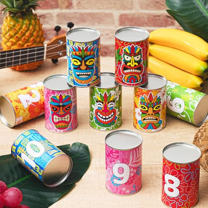 Jingmore Luau Party Games Tiki Can Toss Game Bean Bag Toss with 10 Tin Cans and 3 Bean Bag for Summer Luau Family Birthday Tropical Hawaii Aloha Indoors Outdoors Activities Party Supplies - style: Luau