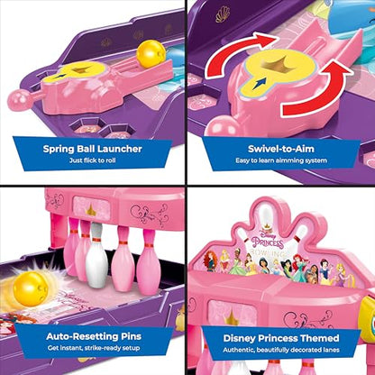 World Tech Toys Disney Princesses Tabletop Bowling Game – Spring Launcher, Auto-Reset Pins, Disney Arcade Style – Mini Games for Kids & Adults - Ages 6+