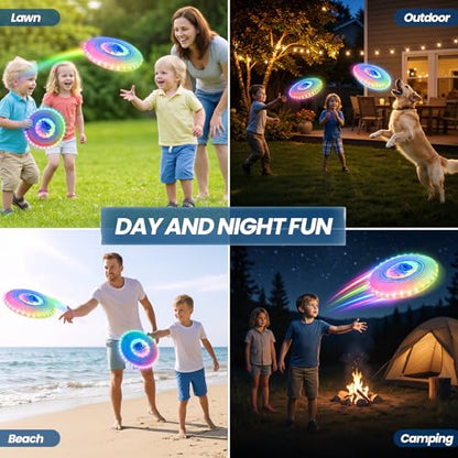Wee Wonders 2 Pack Light Up Flying Discs for Kids Adults, Rechargeable 10" Disc with 45 LEDs, 14 Lighting Modes, Glow in The Dark Flying Ring for Beach Camping Outdoor Sport Game - size: 2PCS: 10in + 10"