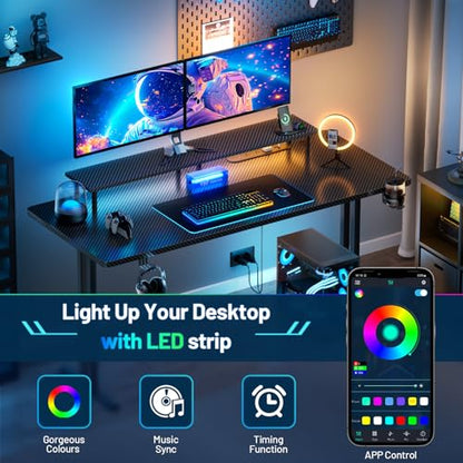 HLDIRECT 47 Inch Gaming Desk with LED Lights & Cable Management, Black | Ergonomic carbon fiber gaming computer desk with 5 sockets, monitor stand, cup holder, headphone hook & mouse pad for gamers - size: 47INCH