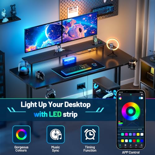 HLDIRECT 63 Inch Gaming Desk with LED Lights & Cable Management, Black | Ergonomic carbon fiber gaming computer desk with 5 sockets, monitor stand, cup holder, headphone hook & mouse pad for gamers - size: 63INCH