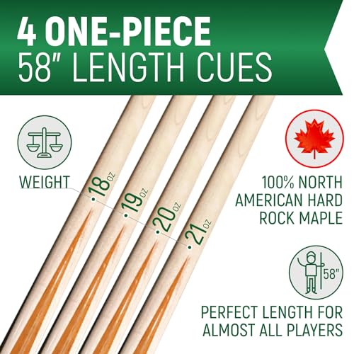 Players Set of One Piece House Pool Cue Sticks - Professional Quality for Commercial Or Residential Use (4 Cues)