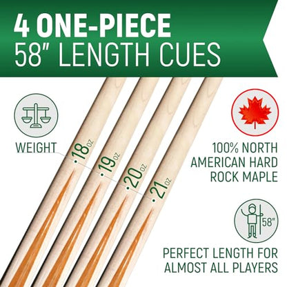 Players Set of One Piece House Pool Cue Sticks - Professional Quality for Commercial Or Residential Use (4 Cues)