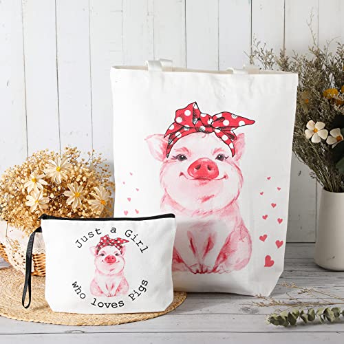 Sieral 2 Pcs Animal Lover Bag Gift for Women Travel Canvas Tote Portable Zipper Pouch Canvas Reusable Grocery Tote - style: Pig