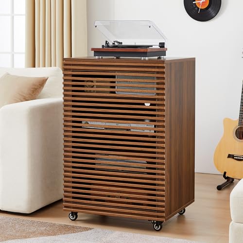 LEVNARY 5-Tier AV Media Cabinet with Grille Door & Adjustable Shelves, Modern Wooden Stereo Rack with Cable Management & Wheels, Audio Video Stand for Living Gaming Room Recording Studio (Walnut) - color: Walnut