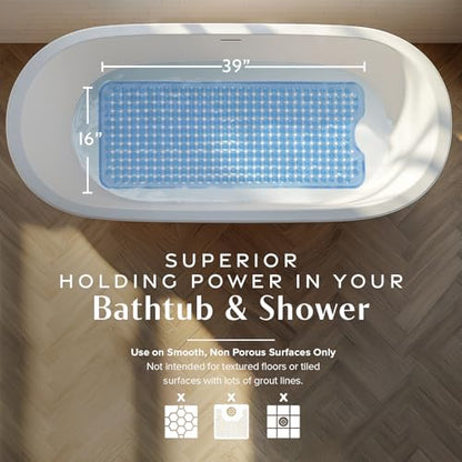 SlipX Solutions Power Grip Bathtub Safety Mat | Precision Grip Technology for Longer, Stronger, & Softer Wet Surface Protection | Clear Light Blue 39"x16" - color: Clear Light Blue