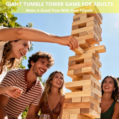 Giant Tumbling Tower Game 60 PCS, Outdoor Games for Adults & Families, 5.3 FT Premium Wooden Blocks Stacking Games with Carry Bag for Backyard, Lawn, Party, Camping