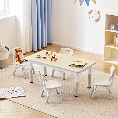 Kids Table and 4 Chairs Set, Children Study Desk, Dining Table, Height Adjustable Plastic Desk Painting Desktop Toddler Furniture for Boys and Girls (Burlywood-Wood Grain) (Burlywood-Wood Grain) - color: Burlywood-wood Grain
