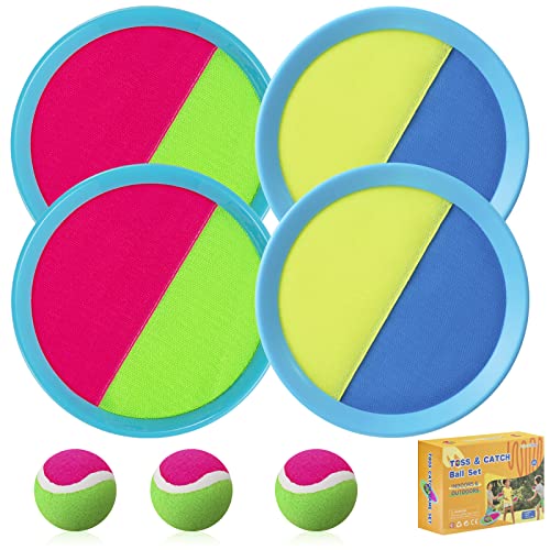 Kids Toys - Outdoor Games, Beach Toys, Toss and Ball Set with 4 Paddles and 3 Balls, Perfect Beach Games Sets Playground Sets for Backyards Easter Gifts for Kids/Adults/Family (Blue+Light Yellow) - color: Light Blue