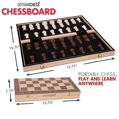 GothamChess Board | Foldable & Portable, Magnetic Chess Pieces, Organized Fitted Storage, Includes Course by International Master Levy Rozman, Game for Families & Adults | 15.75" x 15.75"