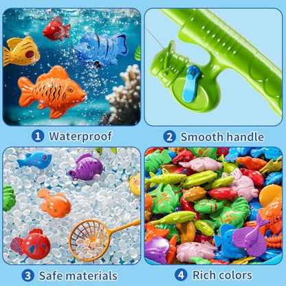 60 Pcs Magnetic Fishing Pool Toys Game for Kids Toddlers, Fishing Water Table Bathtub Toy with Inflatable Pool Pole Rod Net Bucket Plastic Floating Fish, Water Bath Pool Outdoor Toy for Kids Age 3 4 5 - style: 2 rods 2 nets 2 buckets 51 fish