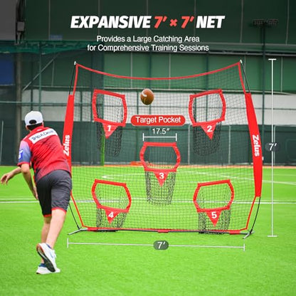 ZELUS Football Throwing Net, Quarterback Training Equipment with 5 Target Pockets, Football Practice Throwing Passing Accuracy Trainer with Carry Bag Ground Stakes for Kids Adults - color: Red, size: 7×7