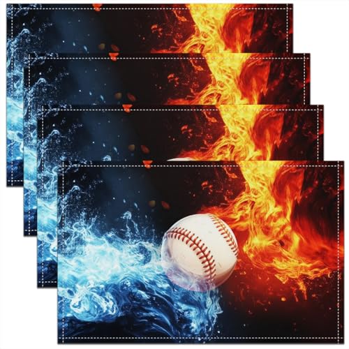 Erosebridal Baseball Placemats Set of 4 12x18 Ice Fire Place Mat for Kids Teens Men Ball Games Sports Lightning Black Blue Red Heat Resisting Table Mats - color: Black Blue Red