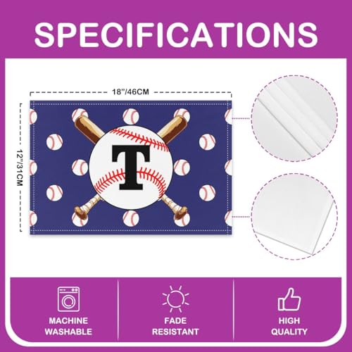 Baseball Place Mats Black Initial Letter T Table Mats for Boys Teens Adults Cartoon Baseball Bat Sports Kitchen Mats for Dining Table 12x18 Inch Set of 4 - color: Blue T