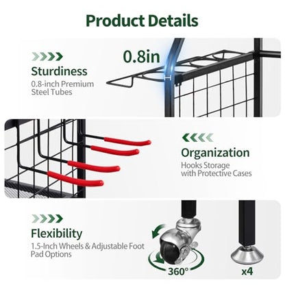 SmarketBuy Golf Bag Storage Organizer for Garage – 3 Golf Bags Rack with Wheels, Heavy Duty Steel Golf Equipment Storage Stand with Club Display Shelf & 4 Hooks, 300 lbs Capacity