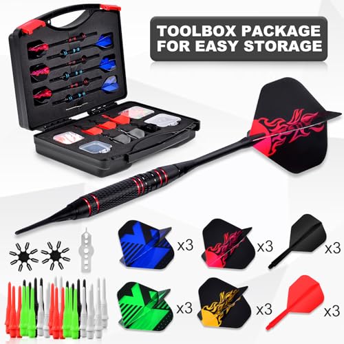 Darts Plastic Tip, Professional Soft Dart Tip Set, 12Pcs 18Gram with 120 Extra Tips, 6 One-Piece Dart Wings, Flight Protector, Tool Wrench, Storage Case, Plastic Darts for Electronic Dart Board
