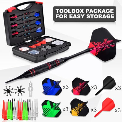 Darts Plastic Tip, Professional Soft Dart Tip Set, 12Pcs 18Gram with 120 Extra Tips, 6 One-Piece Dart Wings, Flight Protector, Tool Wrench, Storage Case, Plastic Darts for Electronic Dart Board