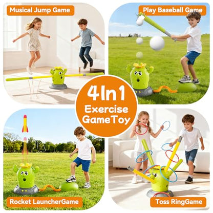 Rocket Launcher Toy Set for Kids Ages 3-8, 4-in-1 Cactus Outdoor Play Set with Ring Toss, Baseball & Skip It – Outdoor Backyard Sports Toys for Boys and Girls, Educational Active Play Gift