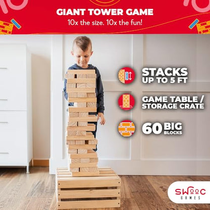 SWOOC Games - Premium Giant Tower Game | 60 Blocks + Storage Crate/Outdoor Table | Stacks up to 5ft | Jumbo Yard Games for Adults and Family | Giant Outdoor Set | Big Backyard Fun | Large Lawn Size